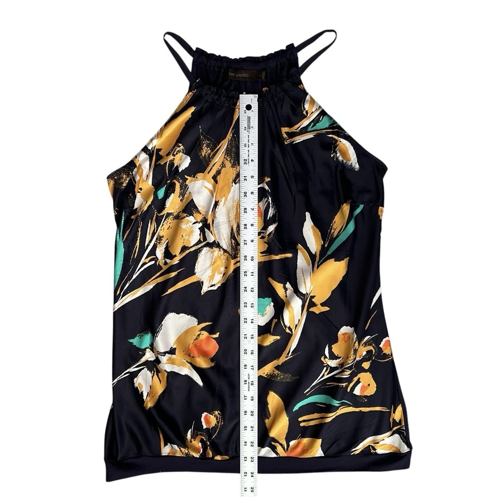 THE LIMITED Floral Halter Blouse sz L Dark Navy Yellow Sleeveless Satin Front - Picture 5 of 9